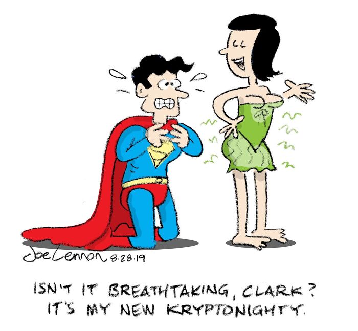 One-panel comic of Superman nervous about woman's new kryptonight outfit