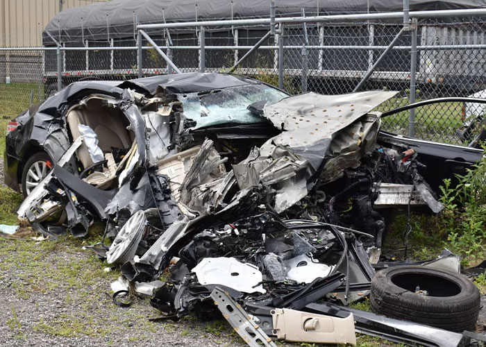 Severely damaged black car wrecked in accident scene Severely damaged black car wrecked in accident scene