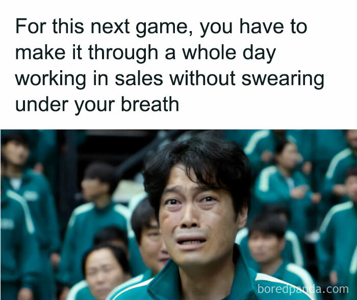 Salesperson struggles to avoid swearing during a workday meme