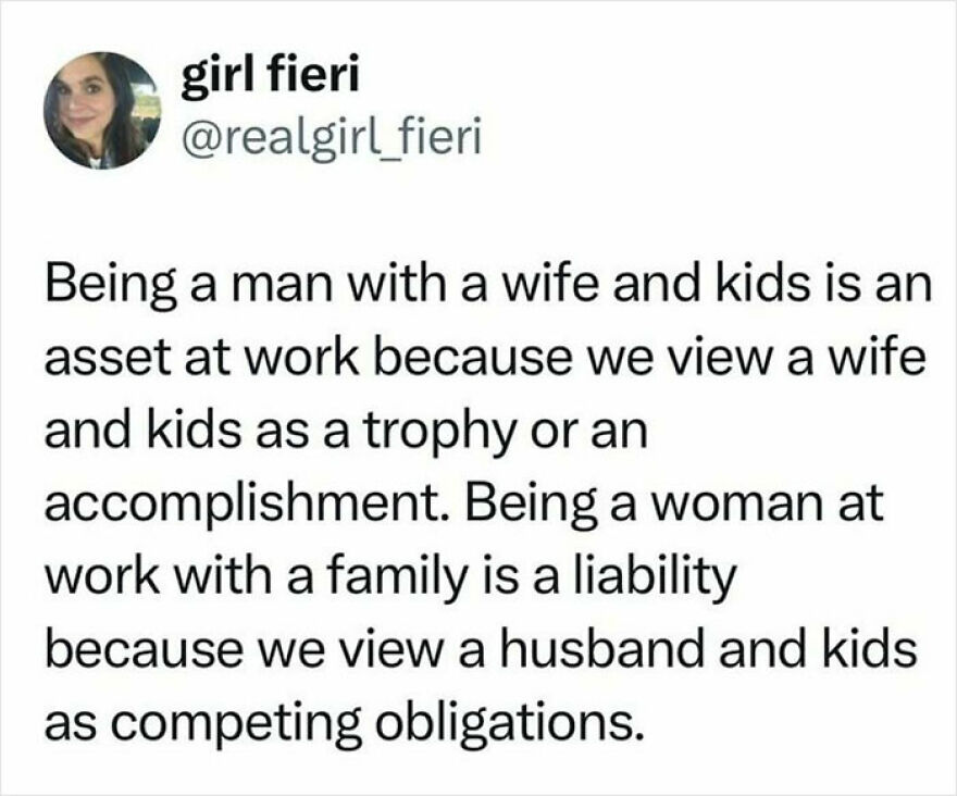 Feminist post on gender bias viewing men with families as assets versus women as liabilities