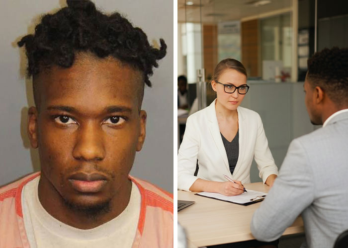 Mugshot of man and serious job interview with woman in office