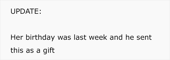 Text about a birthday update involving a gift sent after divorce