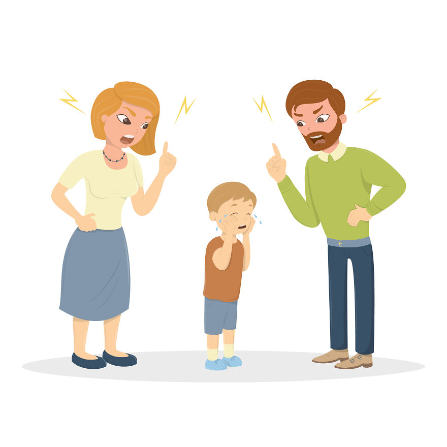 Cartoon showing angry parents yelling at crying child depicting narcissistic parents conflict