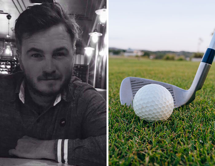A man in black and white next to a golf club and ball on grass, depicting bizarre accidents.