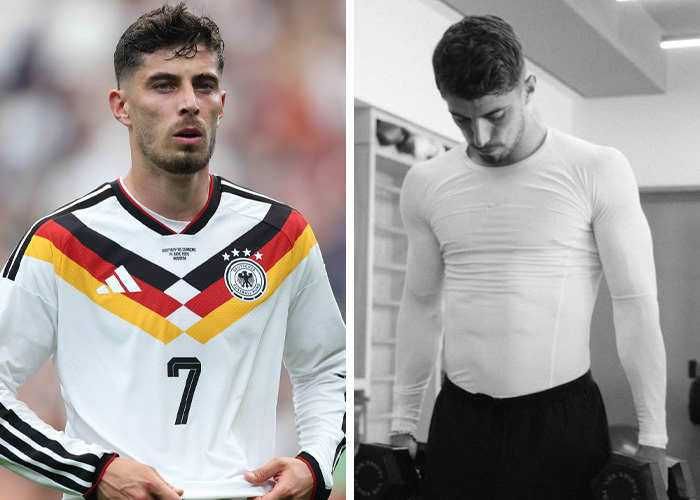 A split image of a World Cup heartthrob, one side in a German soccer uniform, the other in a gym.