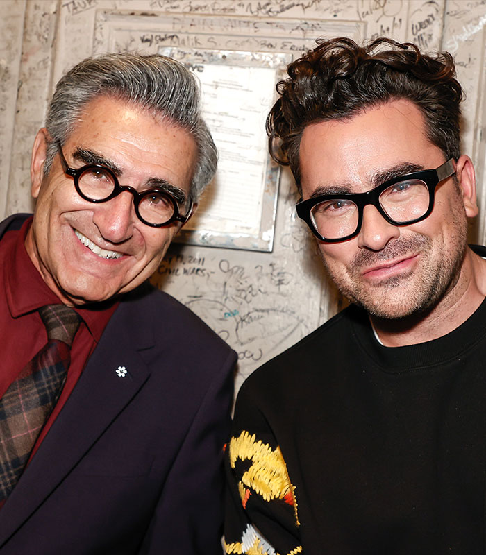 Eugene Levy and Dan Levy, famous dad-son duo, appearing as clones of each other in honor of Father's Day.