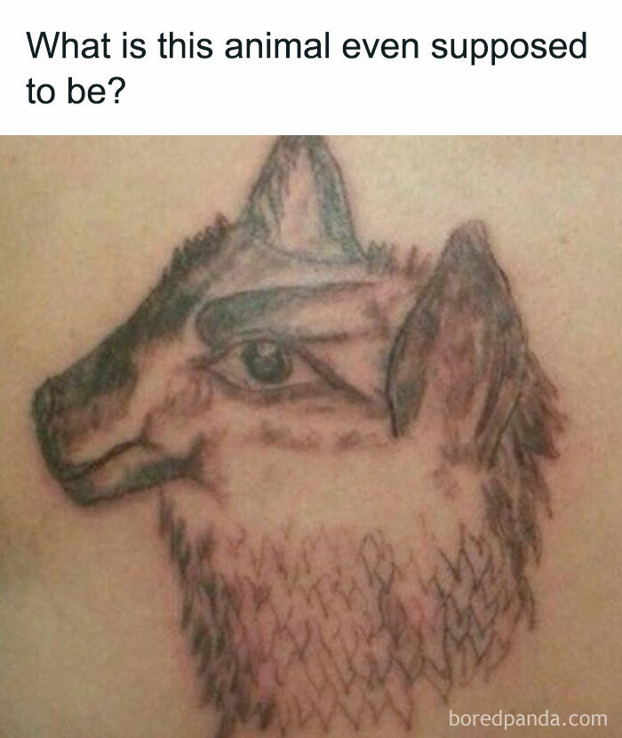 A poorly drawn animal tattoo that is hard to identify, a hilarious tattoo fail.
