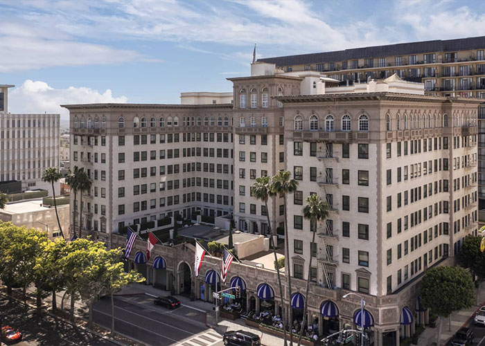 An exterior shot of a luxurious hotel, a common setting for wealthy World Cup players.