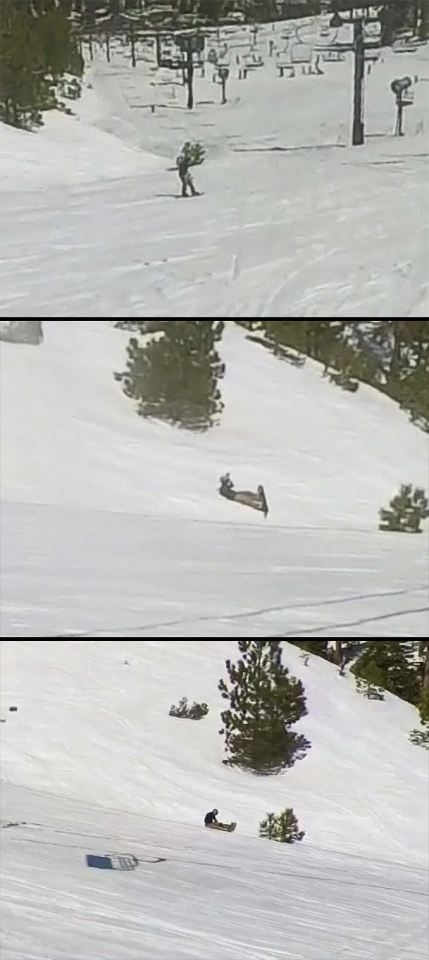 Three sequential Google Street View photos showing a person skiing down a snowy hill, falling, and sliding.