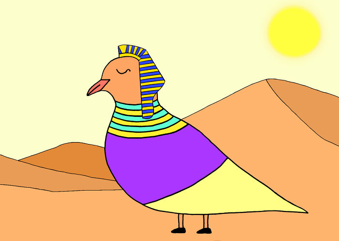 An adorable dove character dressed as an Egyptian pharaoh in a desert landscape under the sun.
