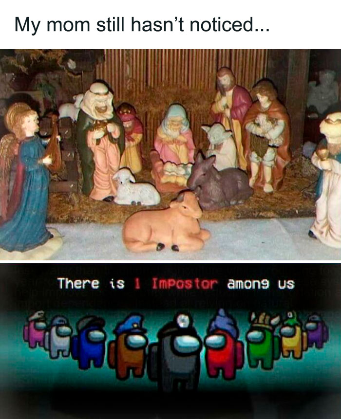 A chaotic pic of a nativity scene with an Among Us character among the figures, showing unhinged pics.