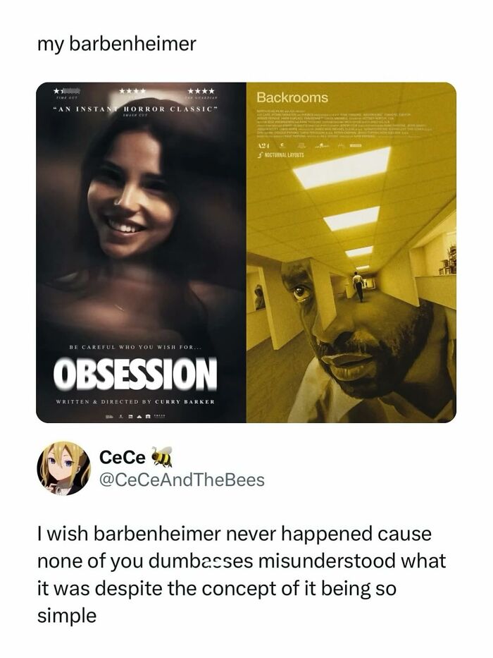 Two movie posters, Obsession and Backrooms, a pop culture post for instant good vibes.