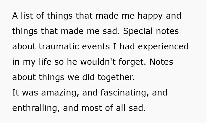 Text outlining a list of things that made the husband happy and sad, revealing a double life.
