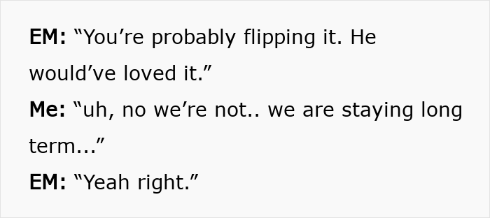 A screenshot of a text message where a Karen character states, 'You're probably flipping it. He would've loved it.' A screenshot of a text message where a Karen character states, 'You're probably flipping it. He would've loved it.'