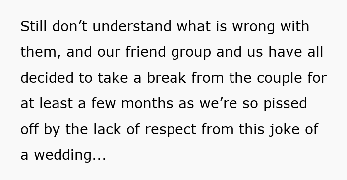 Text excerpt about friends taking a break due to disrespect at a wedding Text excerpt about friends taking a break due to disrespect at a wedding