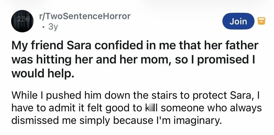 Chilling story of an imaginary friend helping by pushing an a****r down stairs