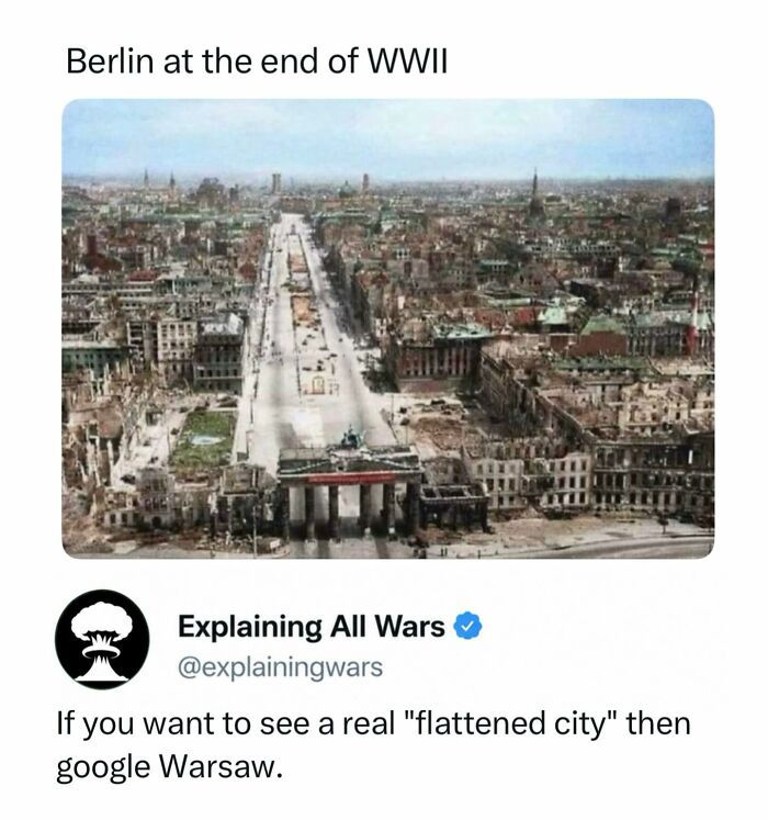 Berlin at the end of WWII, a scene of destruction explaining the history of all wars and their impact.