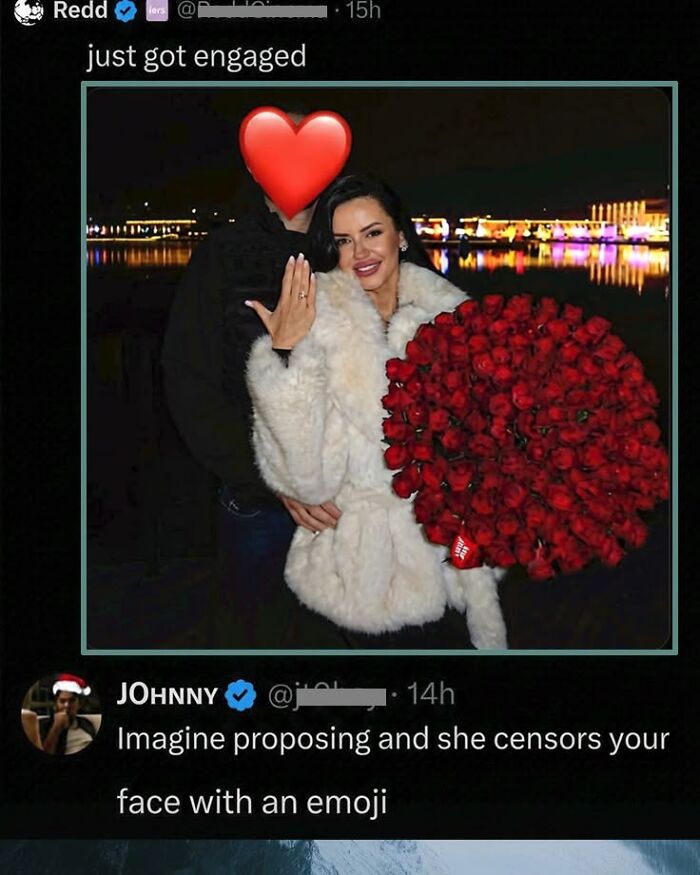 A Reddit post showing an engagement photo with a red heart emoji covering the man's face, followed by a funny comment.