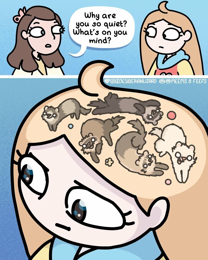 A Siberian girl cartoon shows her mind filled with funny ferrets, illustrating daily life with pets.