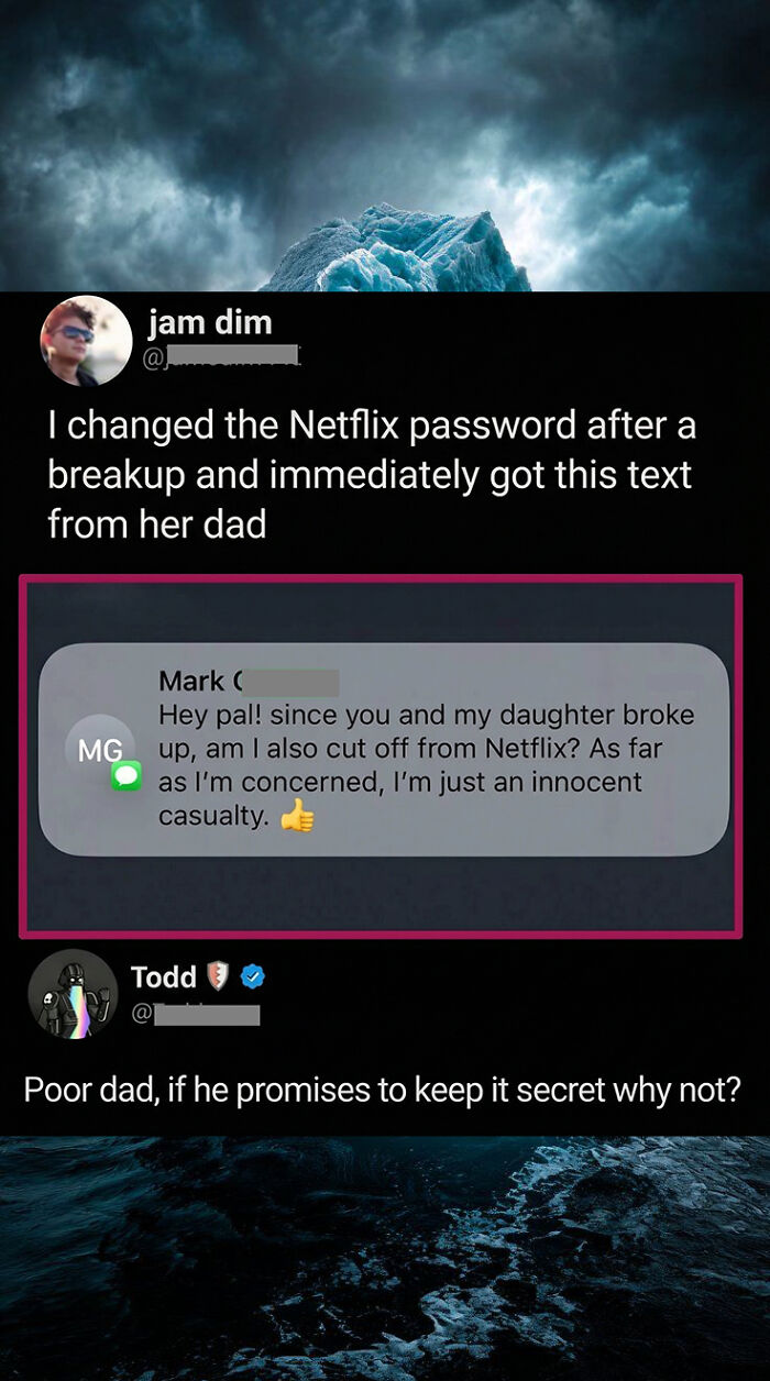 A social media post with a funny comment from a dad asking to keep Netflix after his daughter's breakup, highlighted in a pink box.