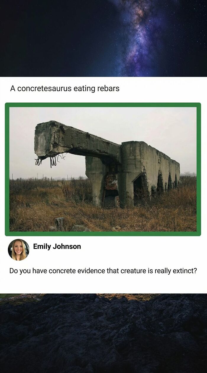 A social media post showing a concrete structure resembling a dinosaur and a funny comment questioning its extinction, funnier than the original post.