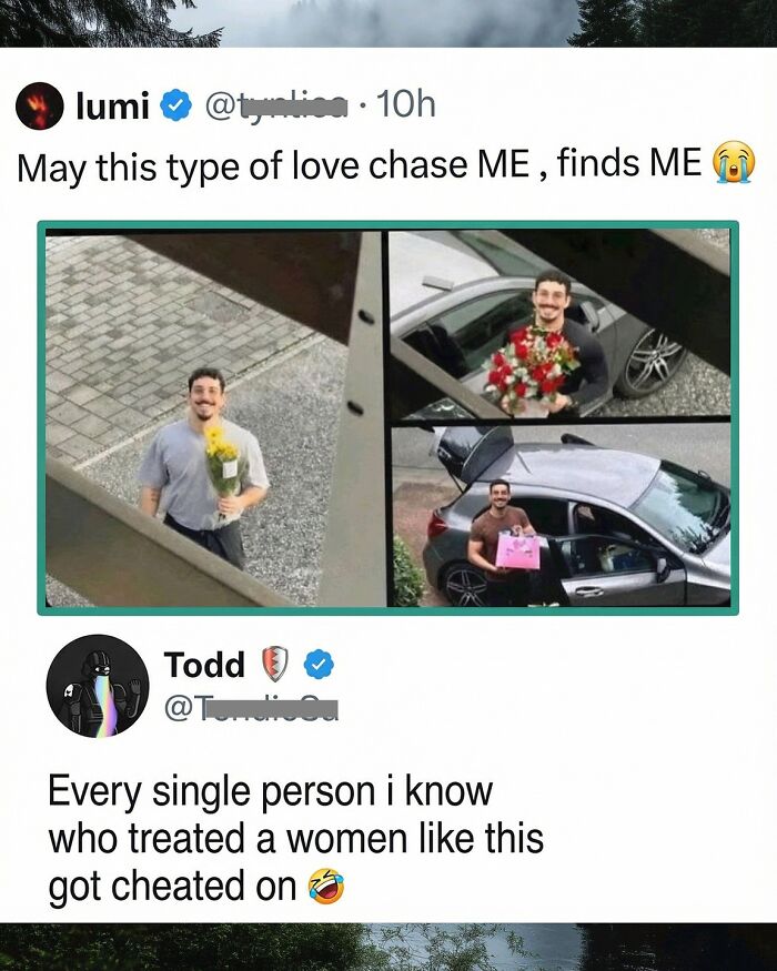 A social media post featuring images of a man bringing gifts and a funny comment about relationships, funnier than the original post.