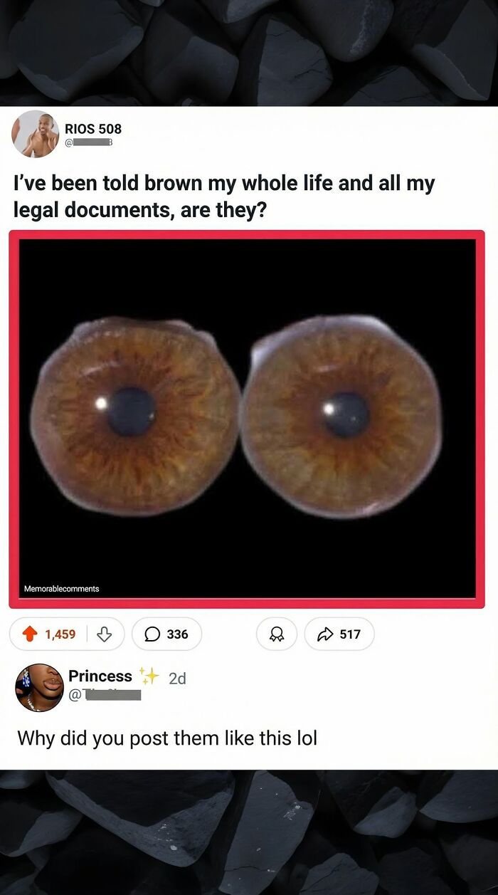 A screenshot of a funny comment below an image of two brown eyes, featured in a collection of great comments.