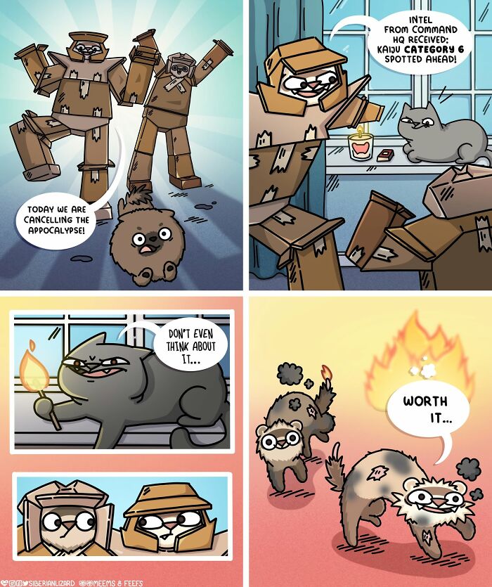 Siberian ferrets in cardboard costumes fight a cat, illustrating funny situations and their daily life.