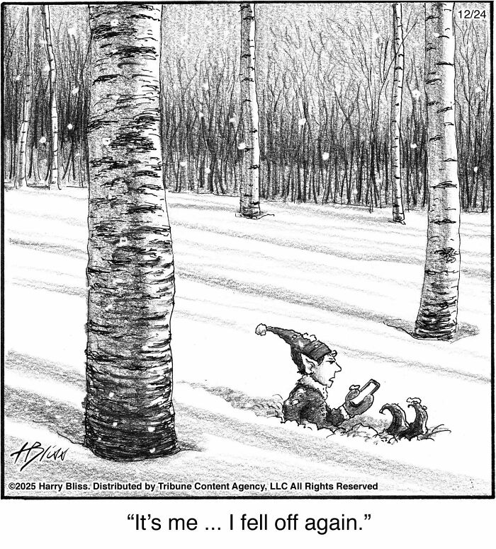 A black and white comic features an elf buried in snow, using a phone. A New Yorker Magazine Cartoonist creates clever comics.