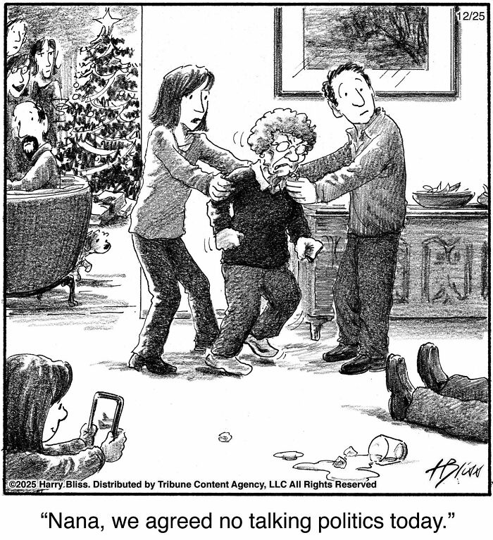 New Yorker Magazine cartoonist illustrates family stopping grandma from talking politics at Christmas, clever one-panel comic.