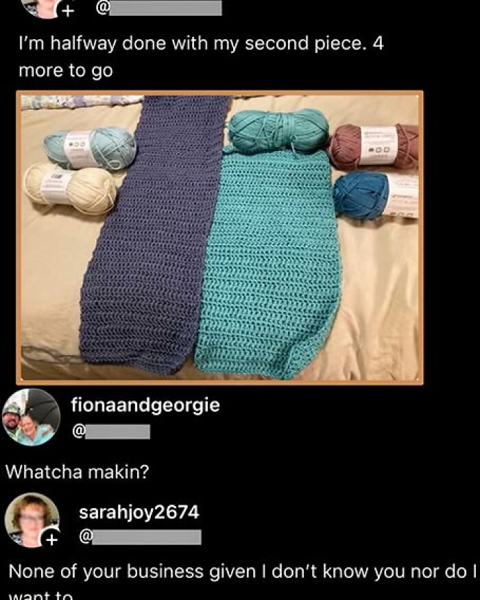 Two pieces of crochet work and yarn with a comment asking what is being made.