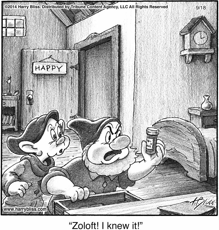New Yorker Magazine cartoonist depicts Dopey holding a Zoloft bottle with Grumpy, clever one-panel comic.