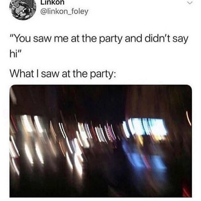 Blurry night party scene comparing sight and social interaction meme