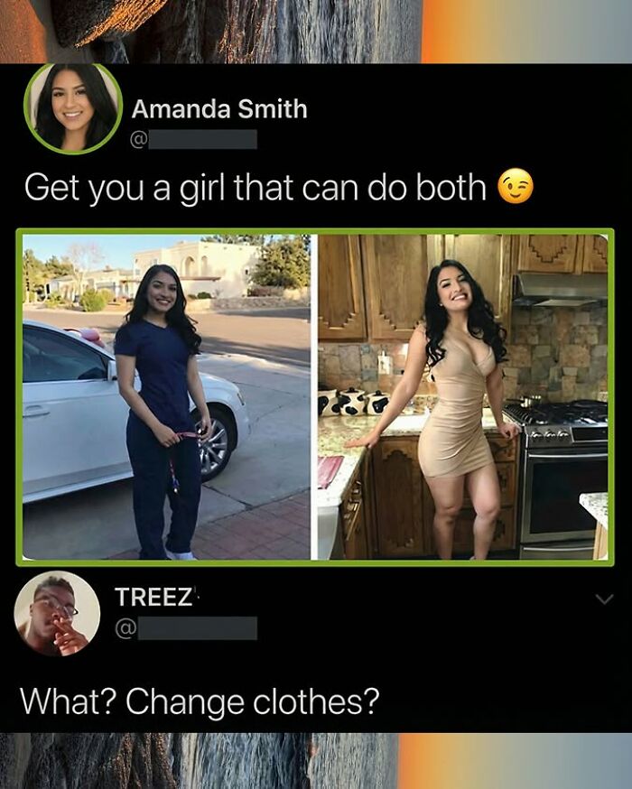 A woman posing in scrubs and a dress, with a funny comment about changing clothes.