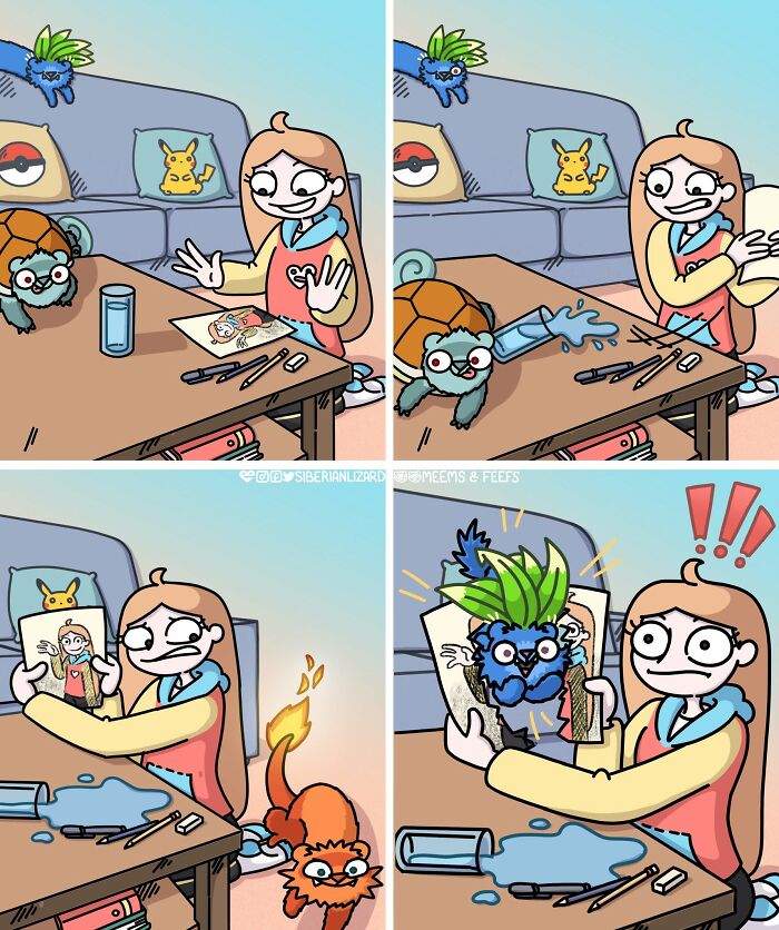 A Siberian girl's ferret turtle splashes water on her drawing, then her fire-ferret burns it. Funny daily life.