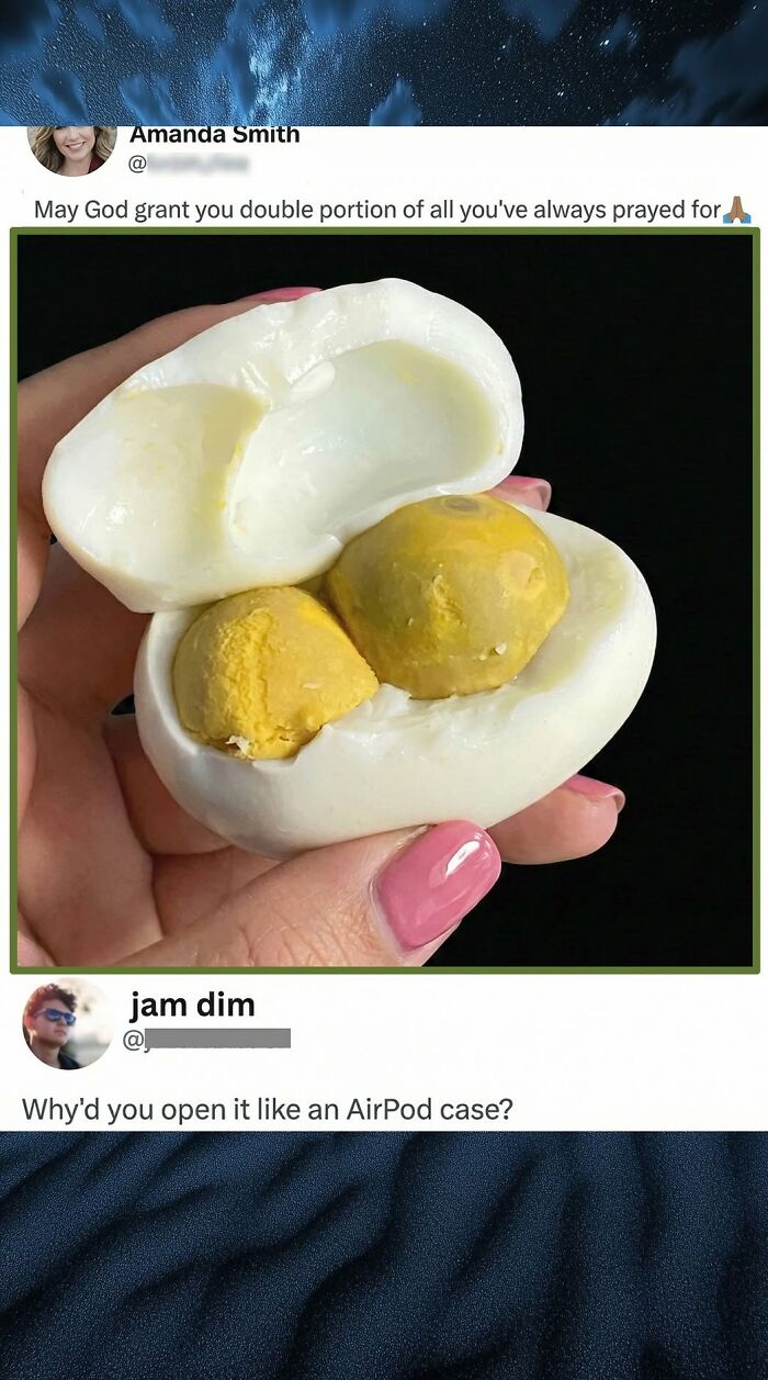 A hand holding a hard-boiled egg with two yolks, eliciting a funny comment about AirPods.