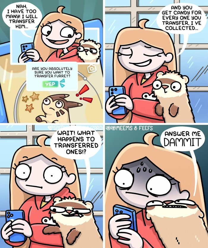 Siberian girl's daily life with two ferrets, humorously contemplating transferring a ferret.