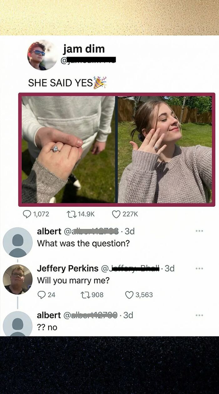 A screenshot of a Twitter exchange showing funny comments about a marriage proposal that went wrong.