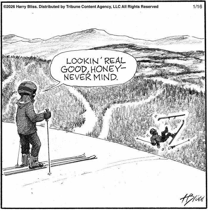 New Yorker Magazine cartoonist draws a skier falling, while another skier comments, clever one-panel comic.