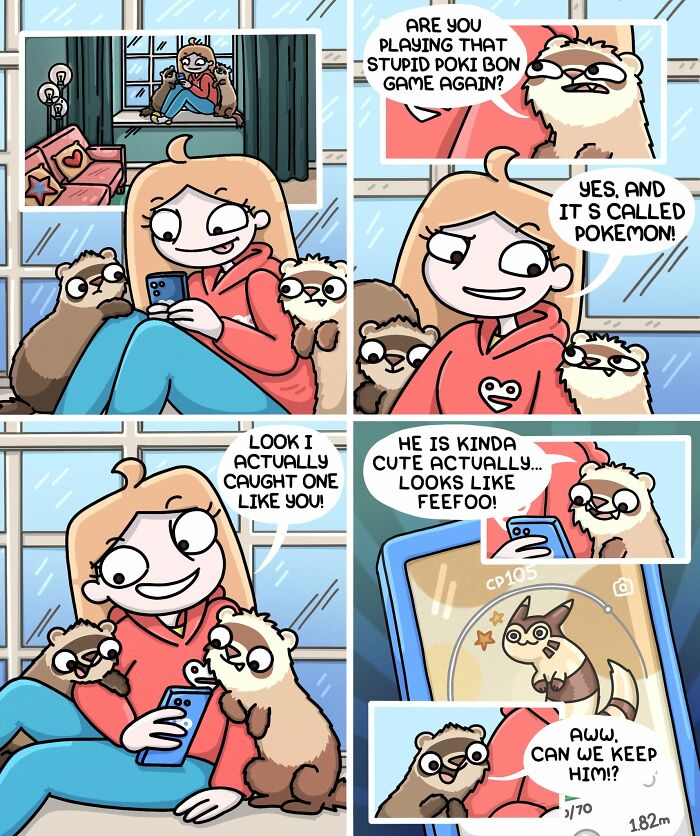 A four-panel comic illustrating a Siberian girl's daily life, showing her playing a game with her two ferrets.