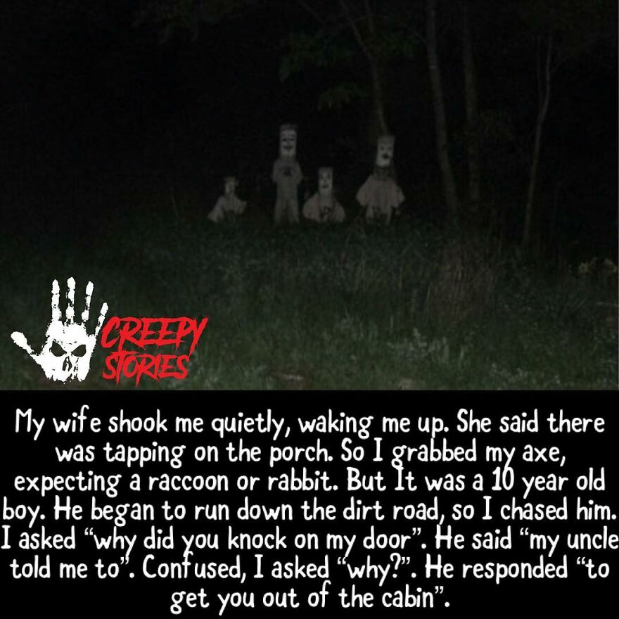 Eerie figures in the woods at night, depicting a terrifying horror story.