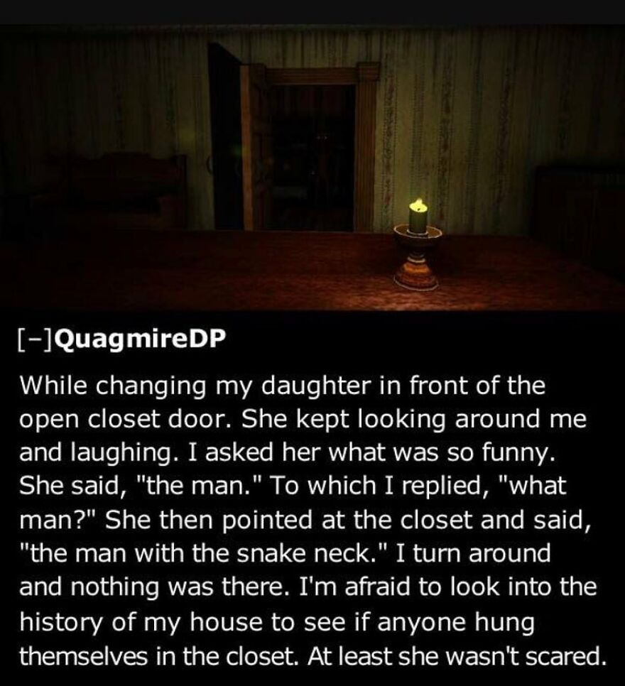 A dark room with a candle and an open door, illustrating a terrifying horror story about a child seeing a ghost.