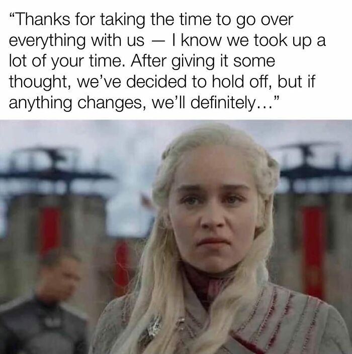 Sales rejection meme with character expressing polite refusal in sales industry humor
