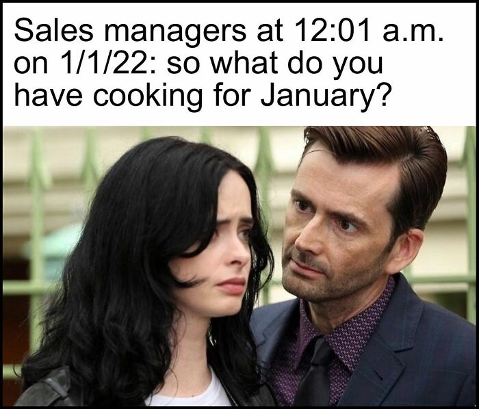 Sales managers impatiently asking about January sales goals at midnight new year