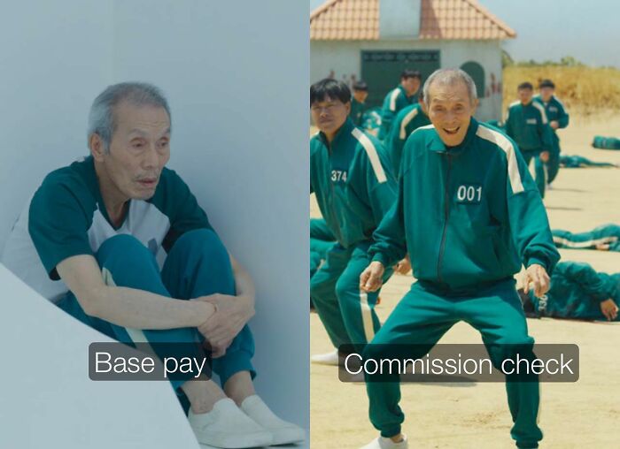 Sales base pay versus commission check reaction meme