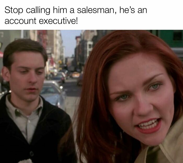 Person angrily correcting salesman to account executive