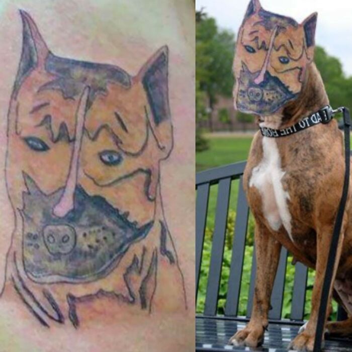 Hilarious tattoo fail of a dog's portrait next to the actual dog, showing a poor resemblance.