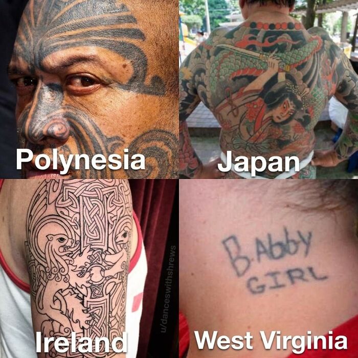 A compilation of different tattoo styles from Polynesia, Japan, Ireland, and a humorous tattoo fail from West Virginia.