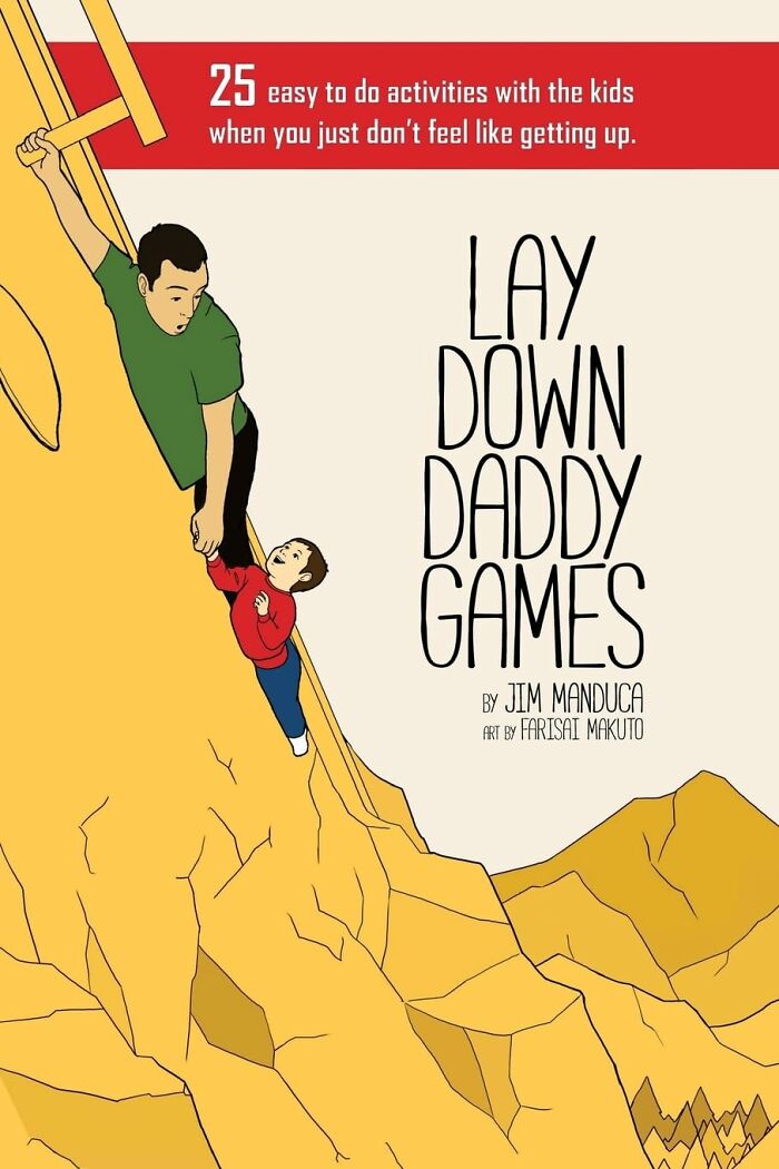 Book cover for Lay Down Daddy Games showing father and child climbing mountain