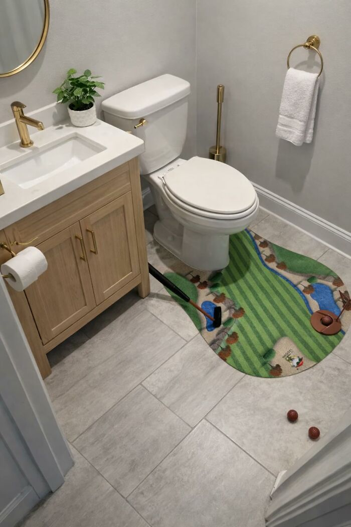 Bathroom with golf-themed putting mat rug as a funny Father's Day gift